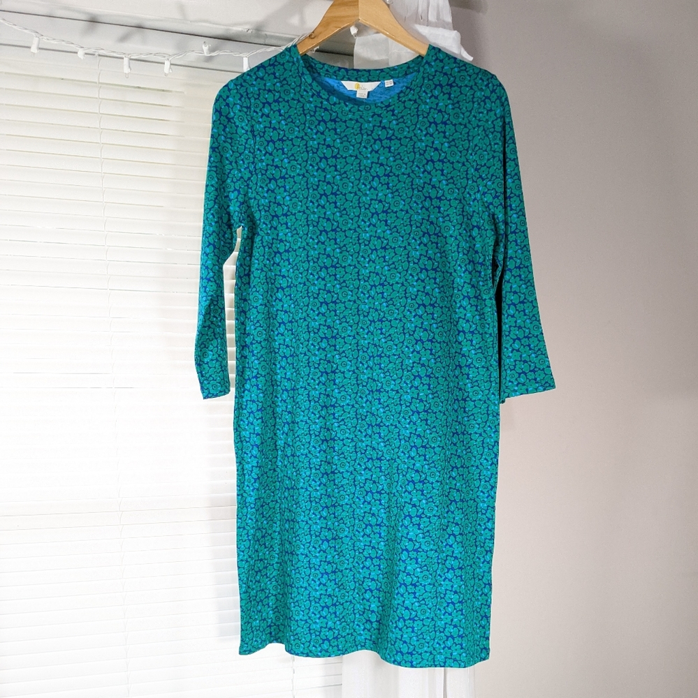 New! BODEN PJ Green Blue Floral Christmas Comfy indoor 3/4 Sleeve Dress Size 8